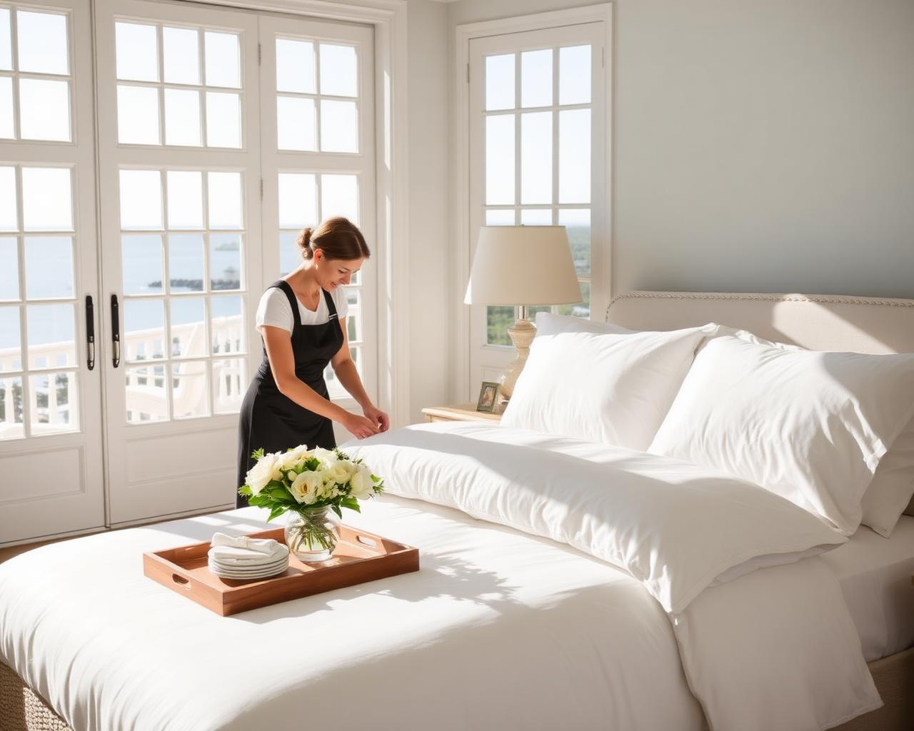 Professional housekeeper preparing crisp white linen and fresh flowers in a coastal property bedroom